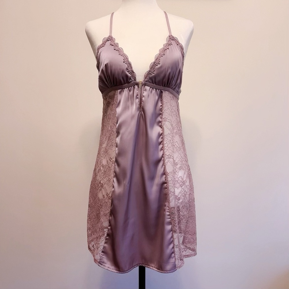 Sexy Lace Satin Slip Nightgown – Sheer Side Panels, Adjustable Straps